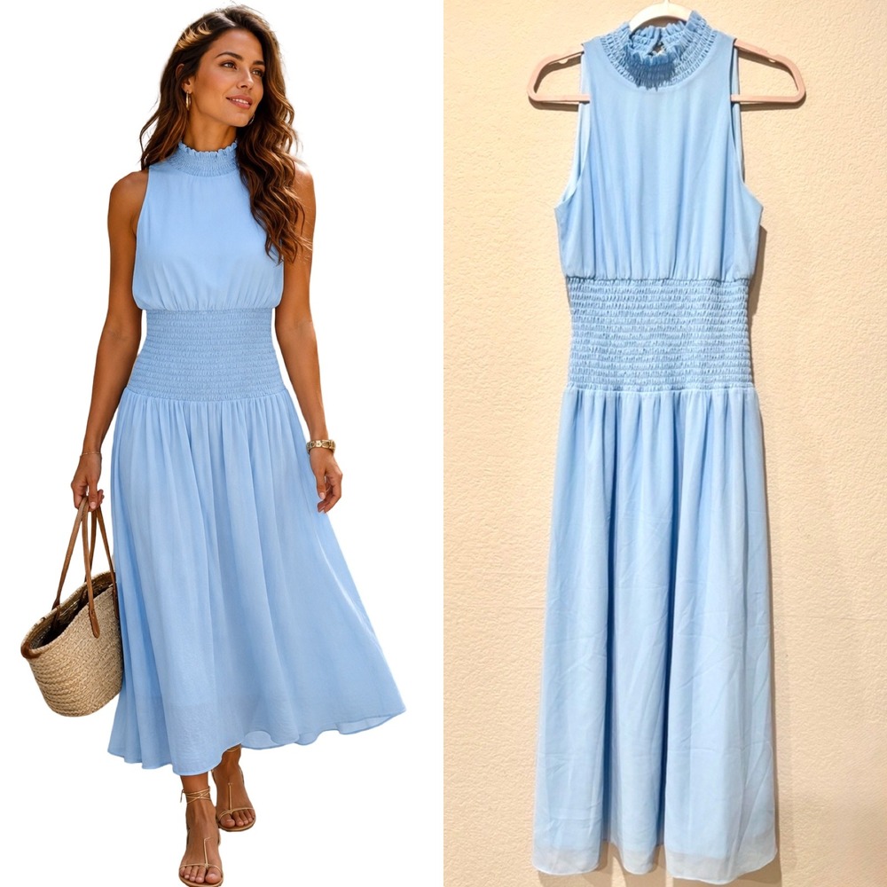 Alexia Admor Maxi Dress Medium Blue Smocked Stretch Lightweight Flowy Vacation
